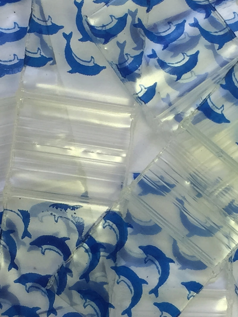 Original Apple Bags size 12x12 from The Baggie Store, showing clear plastic with dolphin design and dimensions on a white background.