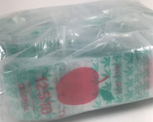 Original Apple Bags resealable leaf-patterned bags, 1.25" x 1" size, ideal for storage and packaging.