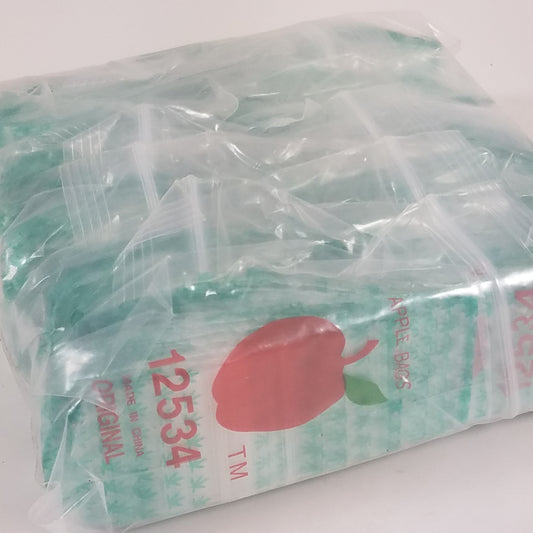 Original Apple Bags resealable leaf-patterned bags, 1.25"x3/4", made for storing small items with a secure closure.