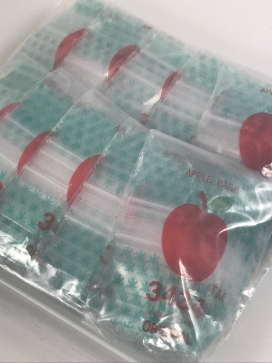 Resealable Original Apple Bags in leaf design, 3/4 inch by 3/4 inch, ideal for storing small items or crafts.
