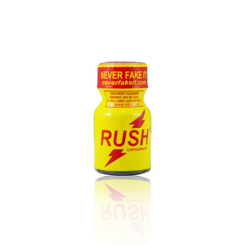 Close-up of Rush Poppers bottle, a small glass container with a colorful label, used as a recreational inhalant.