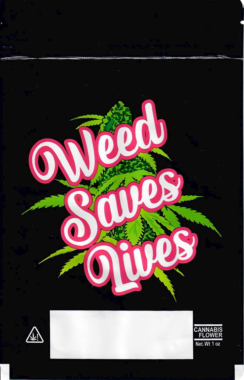 Pack of 100 Designer Mylar Weed Saves Lives 1oz smell-proof bags with black and green design for discreet storage.
