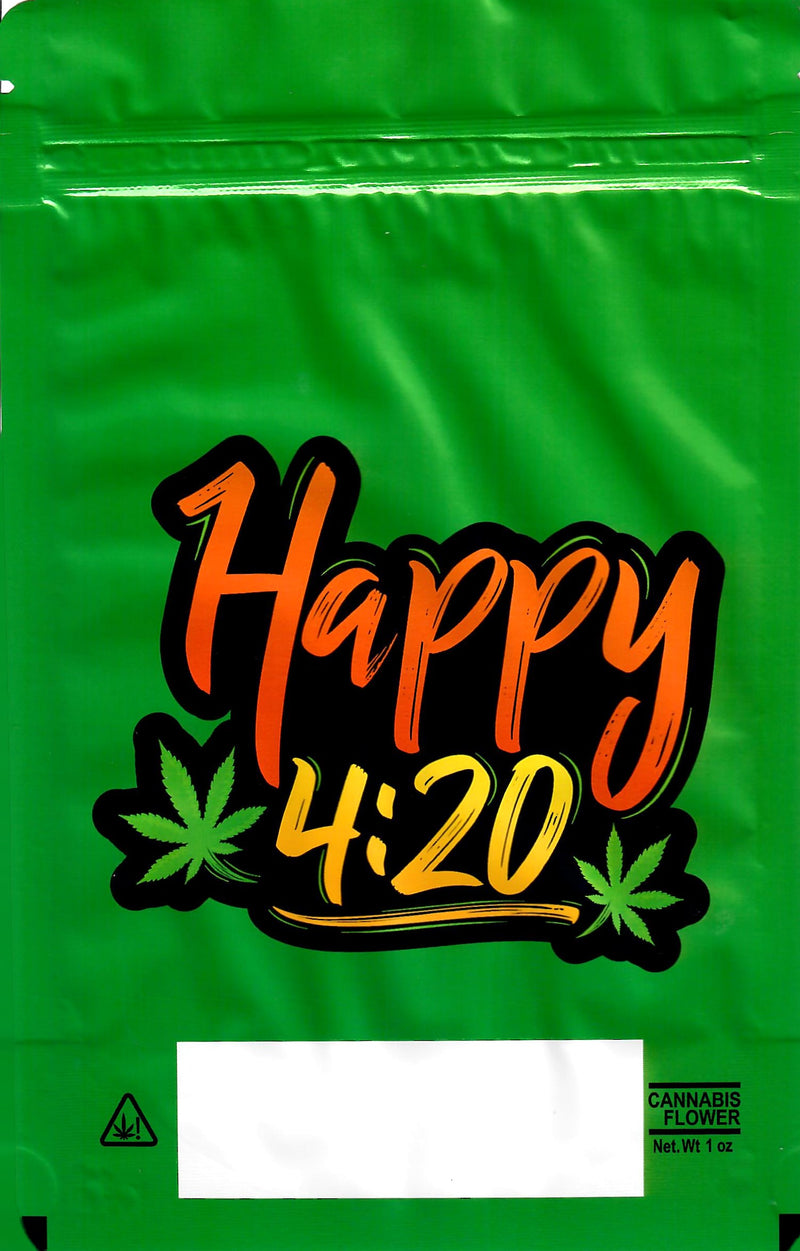 Pack of 100 Designer Mylar Happy 4:20 1oz smell-proof bags, durable, resealable storage for herbs or concentrates.