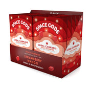 Space Gods Strawberry Mango THC and CBD gummies, 10-piece pack, with colorful fruit-flavored gummy candies on a white background.
