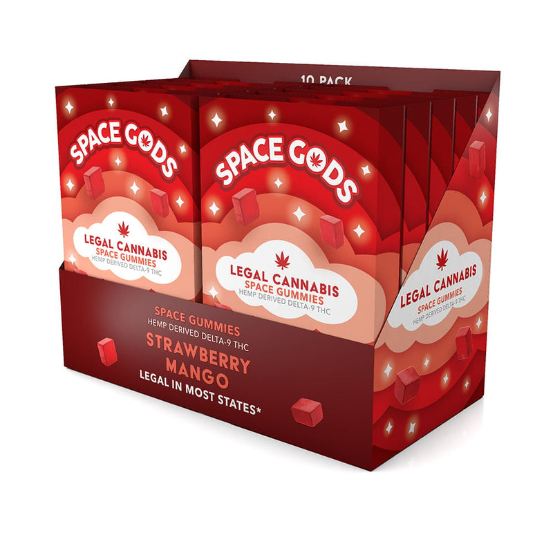 Space Gods Strawberry Mango THC and CBD gummies, 10-piece pack, with colorful fruit-flavored gummy candies on a white background.