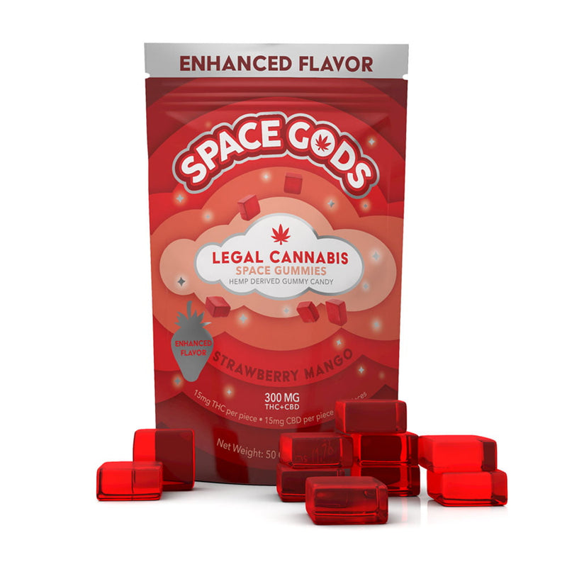 Space Gods Strawberry Mango THC CBD gummies, 10-piece pack, featuring colorful gummy candies with strawberry and mango flavors.