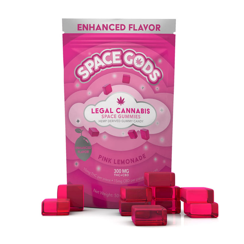 Space Gods Pink Lemonade THC and CBD gummies, 10-piece container with colorful gummy candies on a white background.