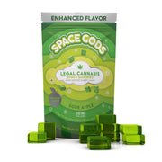 Space Gods Sour Apple THC and CBD gummies, 10-piece pack with green apple flavor and colorful gummy shapes.