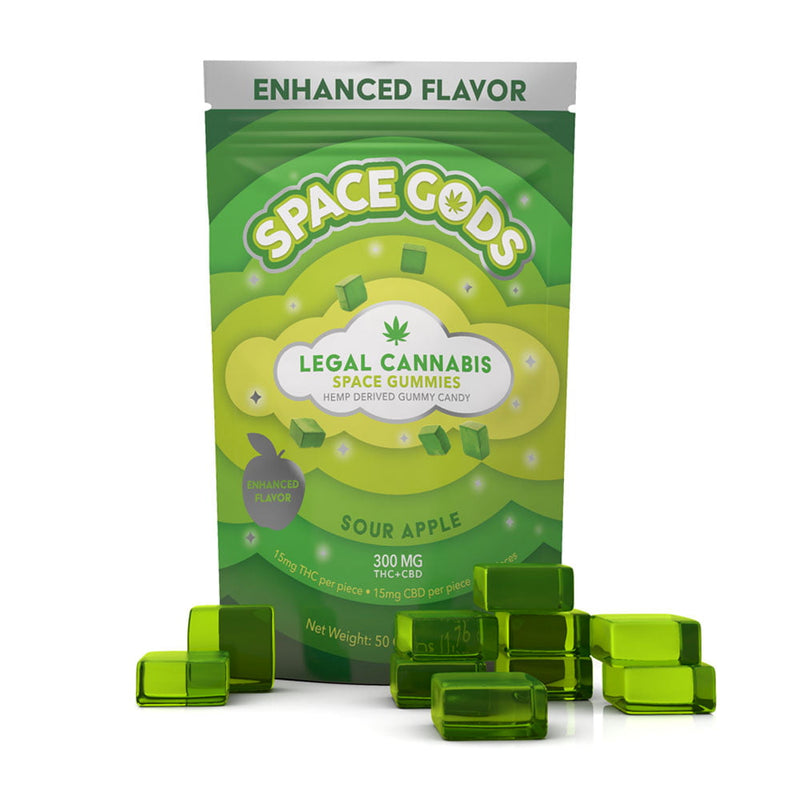 Space Gods Sour Apple THC and CBD gummies, 10-piece pack with green apple flavor and colorful gummy shapes.