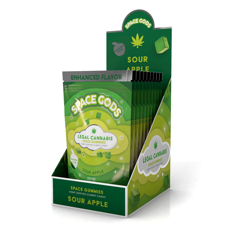 Space Gods Sour Apple THC and CBD gummies, 10-piece container with green apple flavor and colorful gummy shapes.