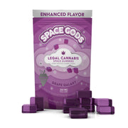 Space Gods Grape Galaxy THC + CBD gummies, 10-piece pack, featuring colorful grape-shaped candies with cosmic galaxy design.
