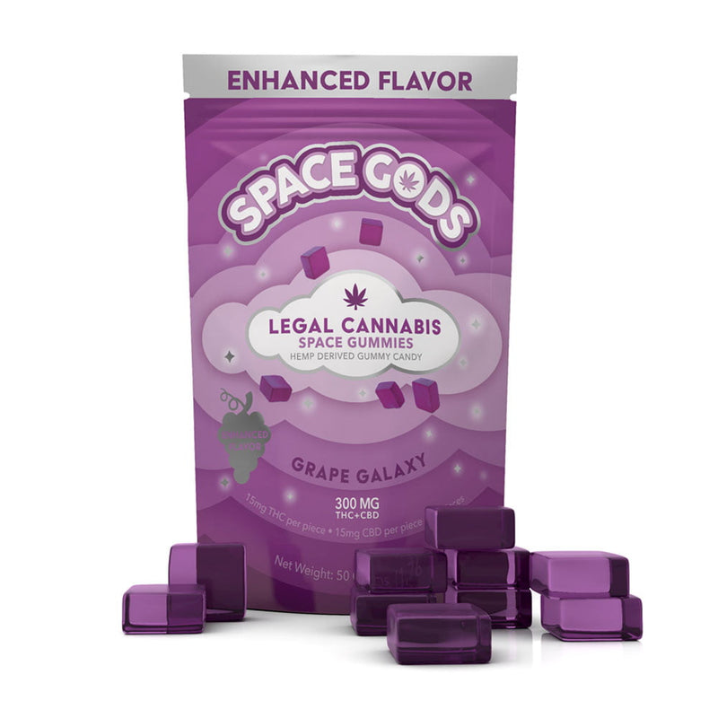 Space Gods Grape Galaxy THC + CBD gummies, 10-piece pack, featuring colorful grape-shaped candies with cosmic galaxy design.