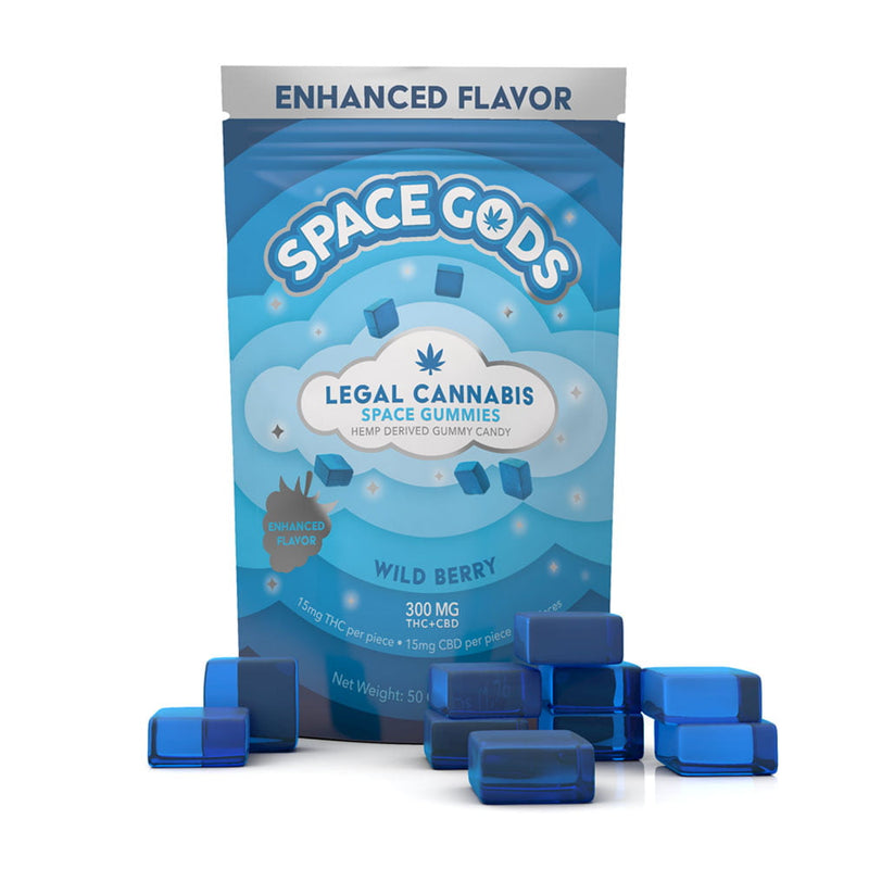 Space Gods Wild Berry THC and CBD gummies, 10-piece pack, colorful fruit-flavored gummy candies with berry design.