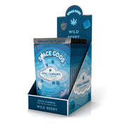 Space Gods Wild Berry THC and CBD gummies, colorful 10-piece pack with vibrant berry flavors and fruit-shaped candies.