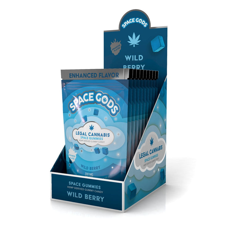 Space Gods Wild Berry THC and CBD gummies, colorful 10-piece pack with vibrant berry flavors and fruit-shaped candies.