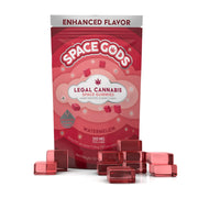 Space Gods Watermelon THC + CBD gummies, a 10-piece pack with vibrant watermelon flavor and colorful gummy shapes.