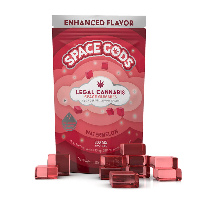 Space Gods Watermelon THC + CBD gummies, a 10-piece pack with vibrant watermelon flavor and colorful gummy shapes.