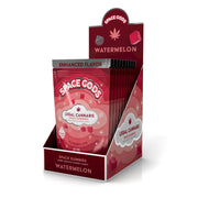 Space Gods Watermelon THC + CBD gummies, colorful 10-piece pack with watermelon flavor and vibrant fruit design.