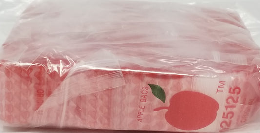 Original Apple Bags resealable bags with big mouth opening, measuring 1.25 x 1.25 inches, ideal for storage or packaging.