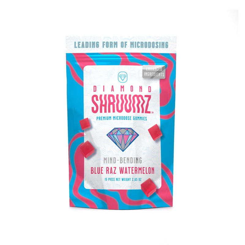 Diamond Shruumz Blue Raz Watermelon microdose gummies, colorful fruit-flavored gummy candies in a clear container.