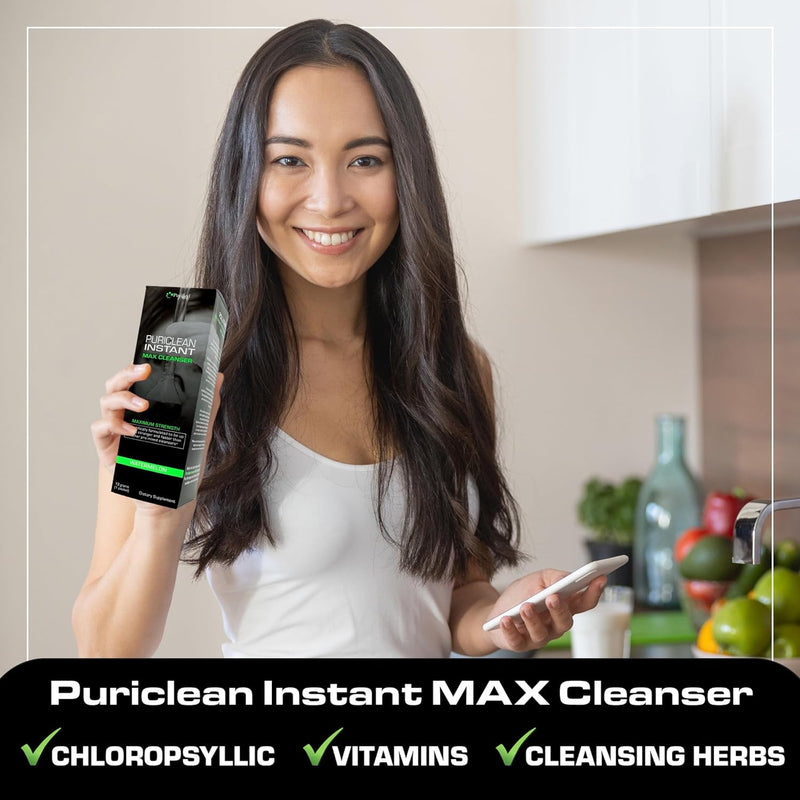 Wellgenix Health Puriclean Instant MAX Detox Cleanser in a bottle, designed for fast cleansing and detoxification.