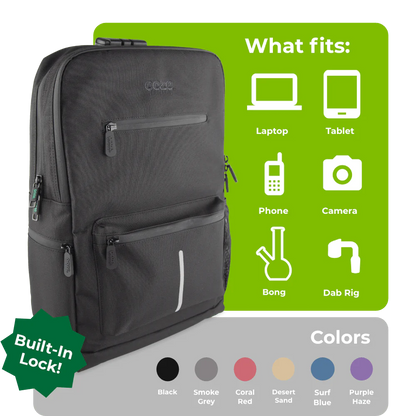 Ooze Traveler Classic smell proof backpack in smoke gray showing a sleek, durable design with multiple compartments for discreet storage.