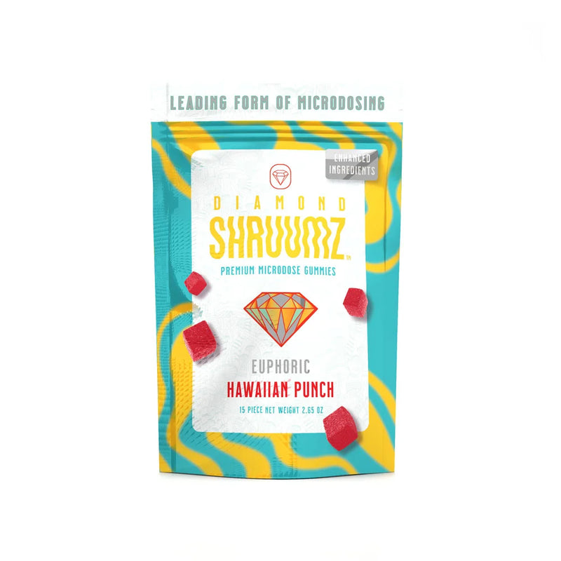 Diamond Shruumz Hawaiian Punch microdose gummies with colorful fruit-shaped candies in a clear container.