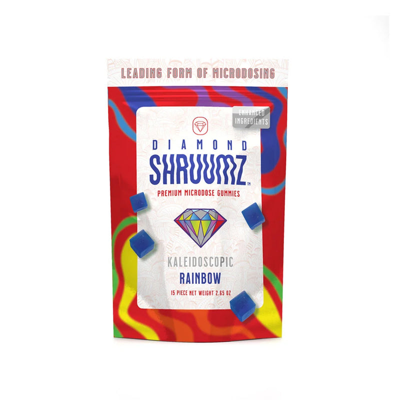 Diamond Shruumz Rainbow Microdose Gummies in vibrant colors, shaped as colorful rainbow candies for a fun, fruity treat.