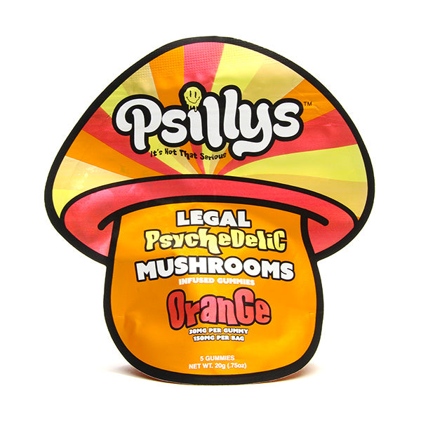 Bottle of Psillys Amanita Mushroom Gummies with 150mg psychedelic mushroom extract, displayed on a white background.