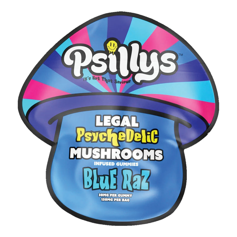 Psillys Amanita Mushroom Gummies 150mg, colorful edible gummies with mushroom extract for psychedelic effects, on a white background.
