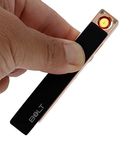 Bolt USB rechargeable windproof coil lighter in black with charging cable, slim design for cigarette lighting.