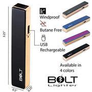Bolt USB rechargeable windproof coil lighter in black with charging cable, slim design, ideal for cigarettes and outdoor use.
