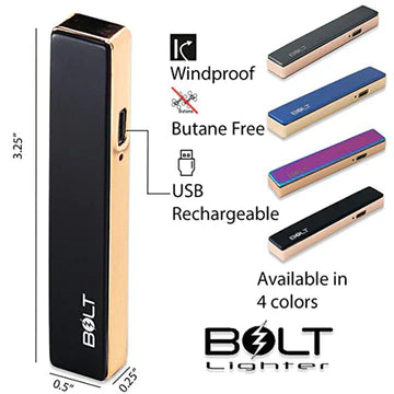 Bolt USB rechargeable windproof coil lighter in black with charging cable, slim design, ideal for cigarettes and outdoor use.