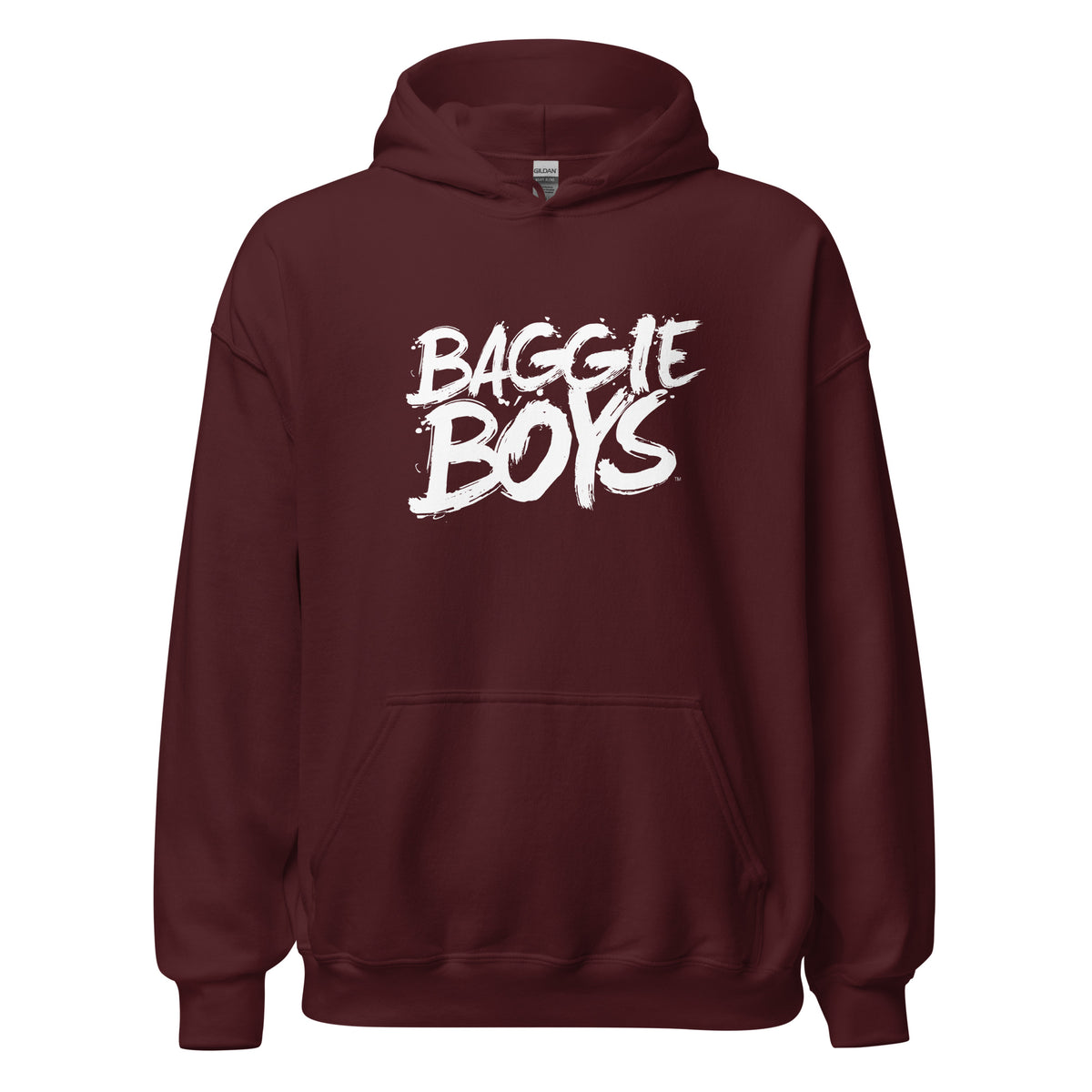 Unisex heavy blend hoodie with Baggie Boys logo, gray color, front view showing hood and relaxed fit, casual apparel for all genders.