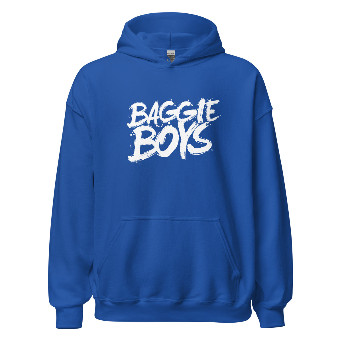 Unisex Heavy Blend hoodie by Baggie Boys in gray, featuring a front pocket and drawstring hood, casual apparel for all genders.