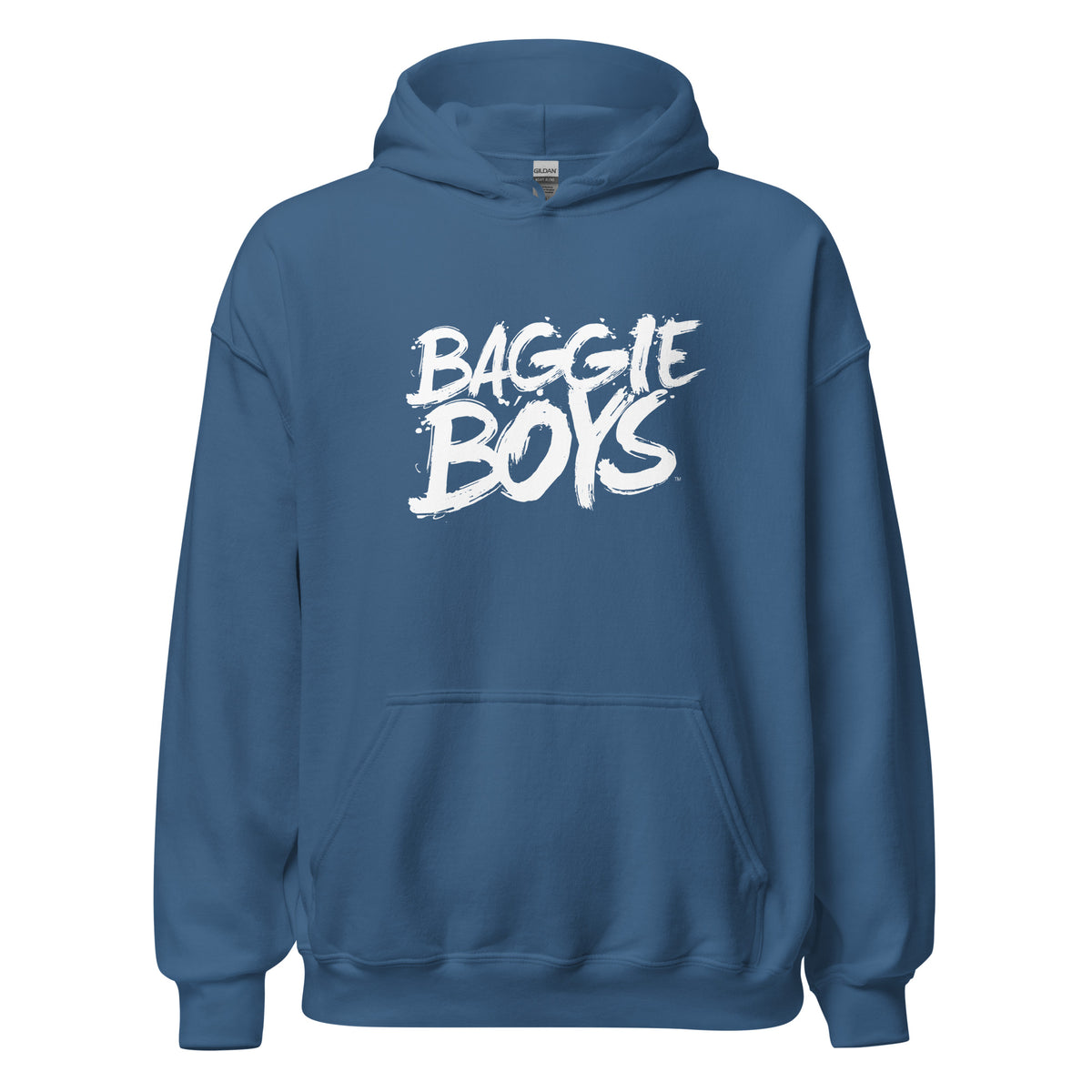 Unisex heavy blend hooded sweatshirt by Baggie Boys featuring a front pocket and drawstring hood in a casual apparel style.