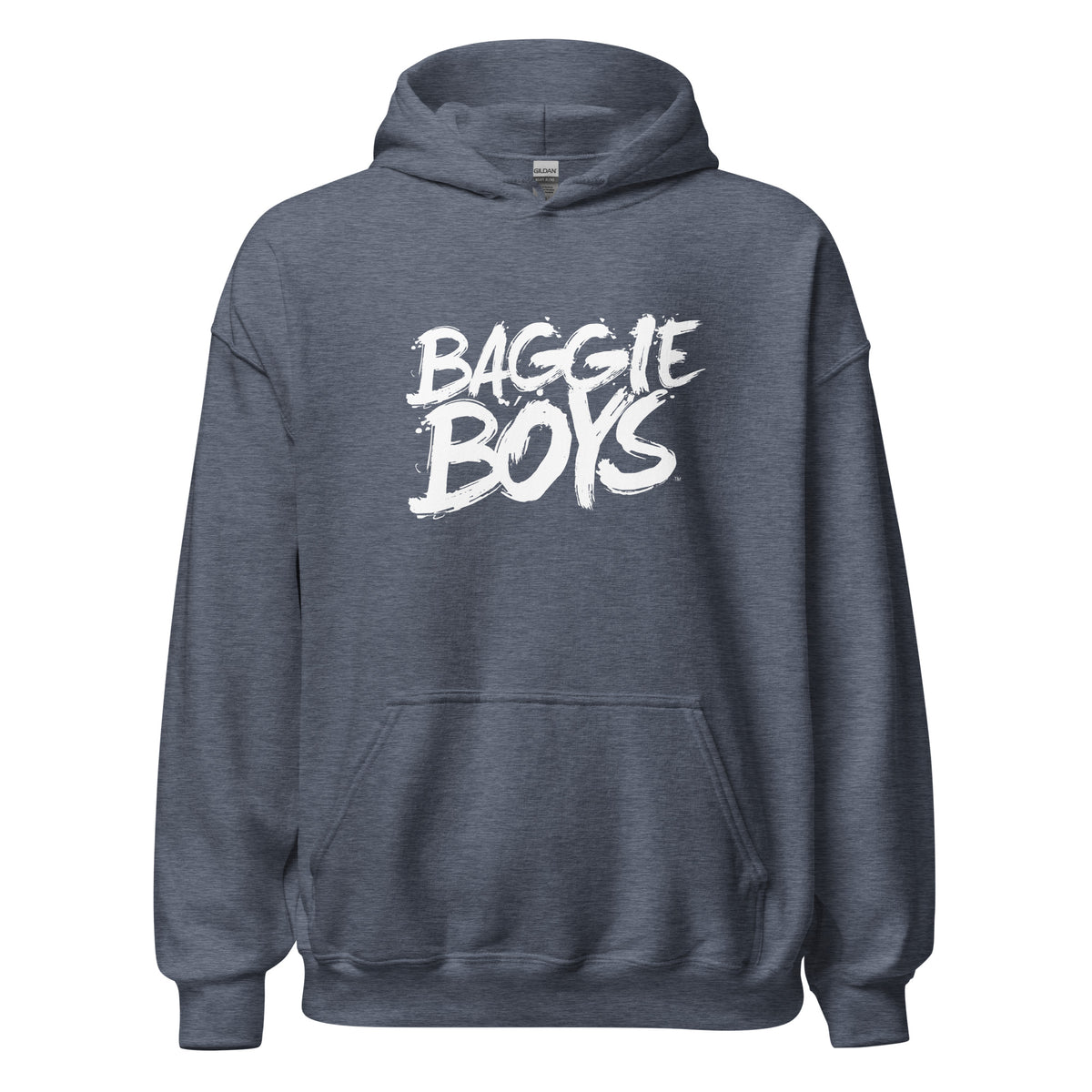 Unisex Heavy Blend hooded sweatshirt by Baggie Boys featuring a front pocket and drawstrings, casual streetwear style.