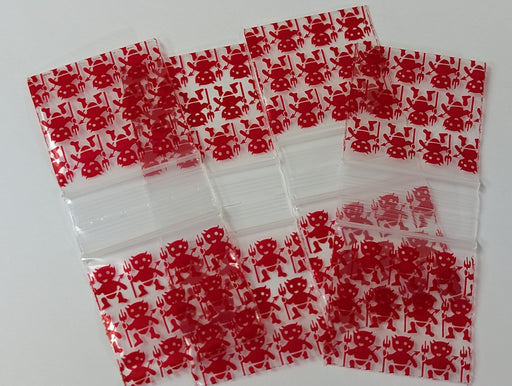 Original Apple Bags LITTLE DEVIL 1.5x1.5 inch small paper bags for apples and produce, black with red devil design.