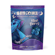 Close-up of SHROOMZ Microdose Gummies 6000mg, showing colorful mushroom-shaped psychedelic edibles on a white background.