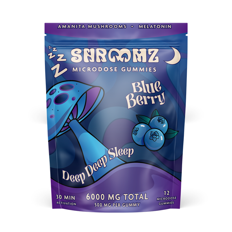 Close-up of SHROOMZ Microdose Gummies 6000mg, showing colorful mushroom-shaped psychedelic edibles on a white background.