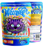 Wunder 2500MG Amanita Muscaria mushroom gummies with 375MG Kava, showing colorful gummies in a clear container.