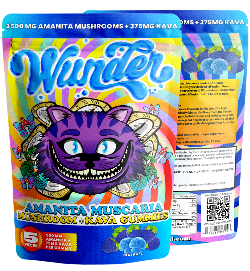 Wunder 2500MG Amanita Muscaria mushroom gummies with 375MG Kava, showing colorful gummies in a clear container.