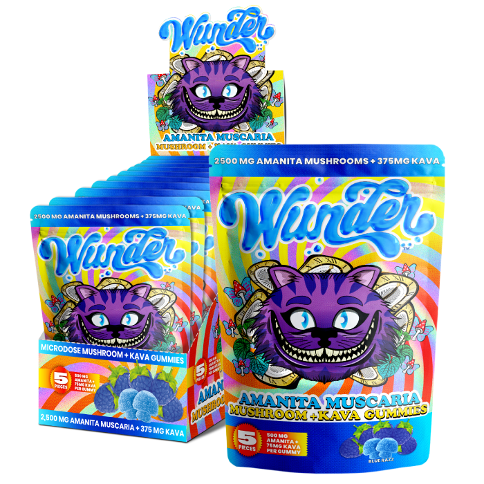 Wunder Amanita Muscaria mushroom gummies with 2500mg, paired with 375mg Kava, displayed in a clear container with colorful gummies