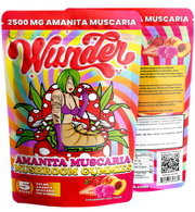 Wunder 2500MG Amanita Muscaria mushroom gummies in a clear jar with red and white label, showing colorful gummy candies inside.