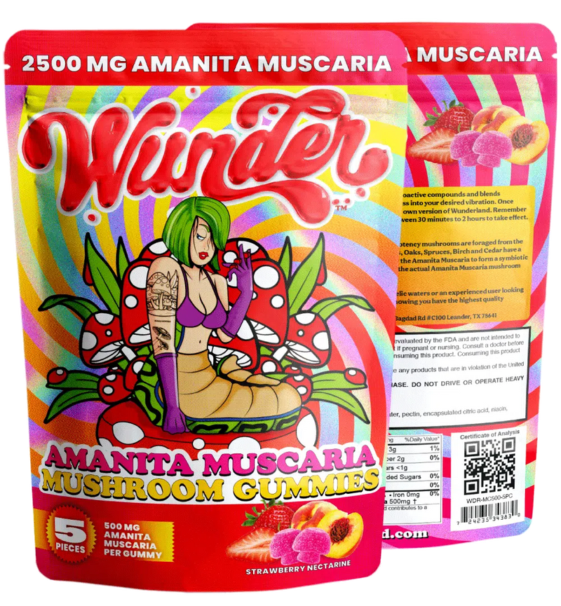 Wunder 2500MG Amanita Muscaria mushroom gummies in a clear jar with red and white label, showing colorful gummy candies inside.