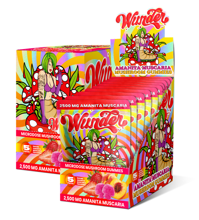 Wunder 2500MG Amanita Muscaria mushroom gummies in a clear jar with colorful gummies inside.