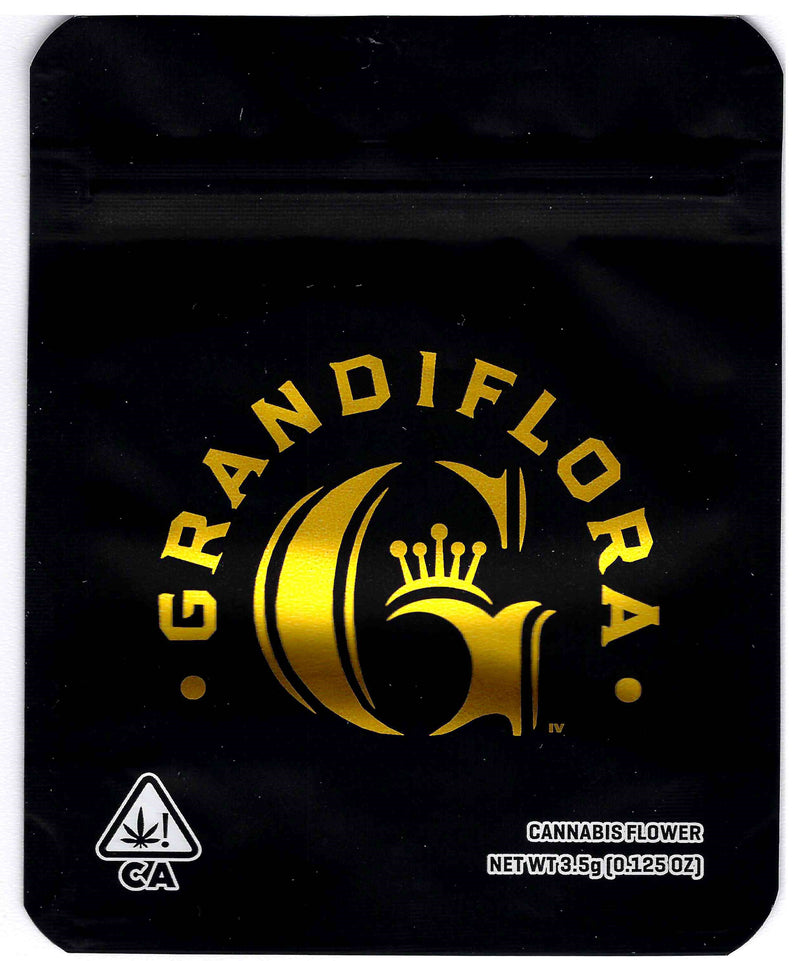 Smell-proof Grandiflora Mylar bags by The Baggie Store, featuring silver reflective surface and resealable zipper for storage.