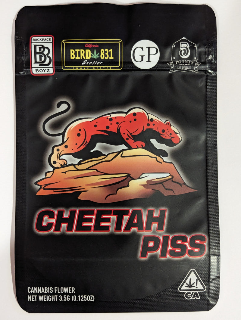 Smell proof Cheetah Piss Mylar Bags from The Baggie Store, featuring a cheetah print design and resealable closure.
