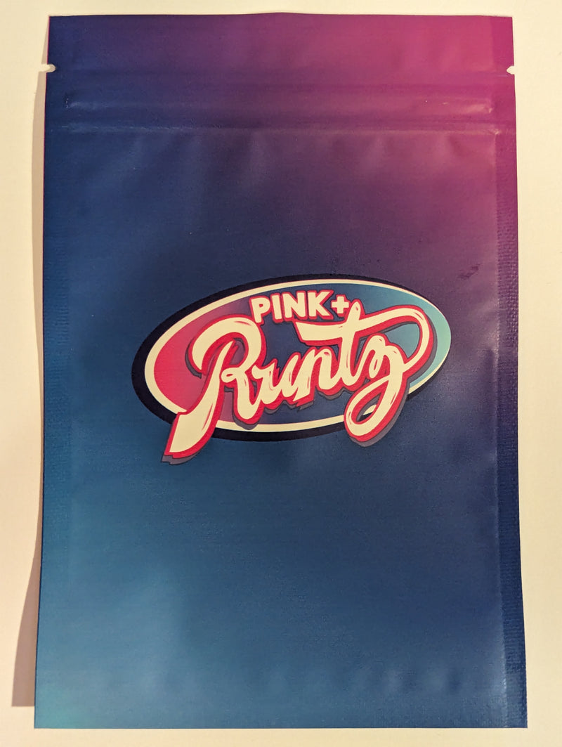 Pink Runtz smell-proof Mylar bags from The Baggie Store, with vibrant pink design and secure zip closure for discreet storage.