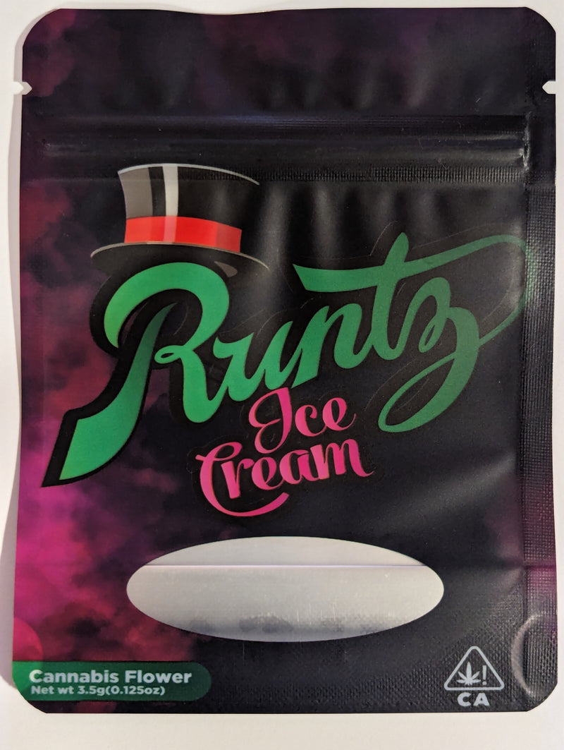 Smell-proof Ice Cream Runtz Mylar Bags by The Baggie Store, featuring colorful packaging with resealable closure.